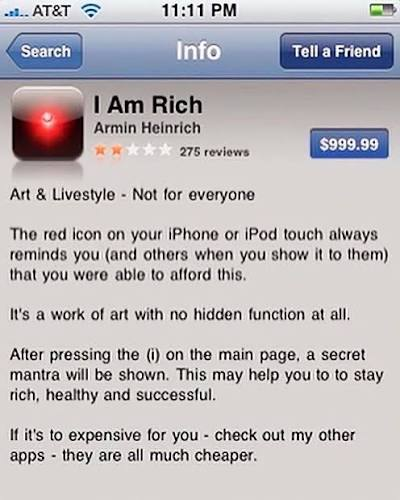 A vintage app listing joking about being rich